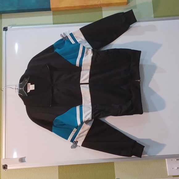 Mervyn's Cheetah brand blk/teal/wht color block 90's vtg full zip track jacket - Picture 1 of 8